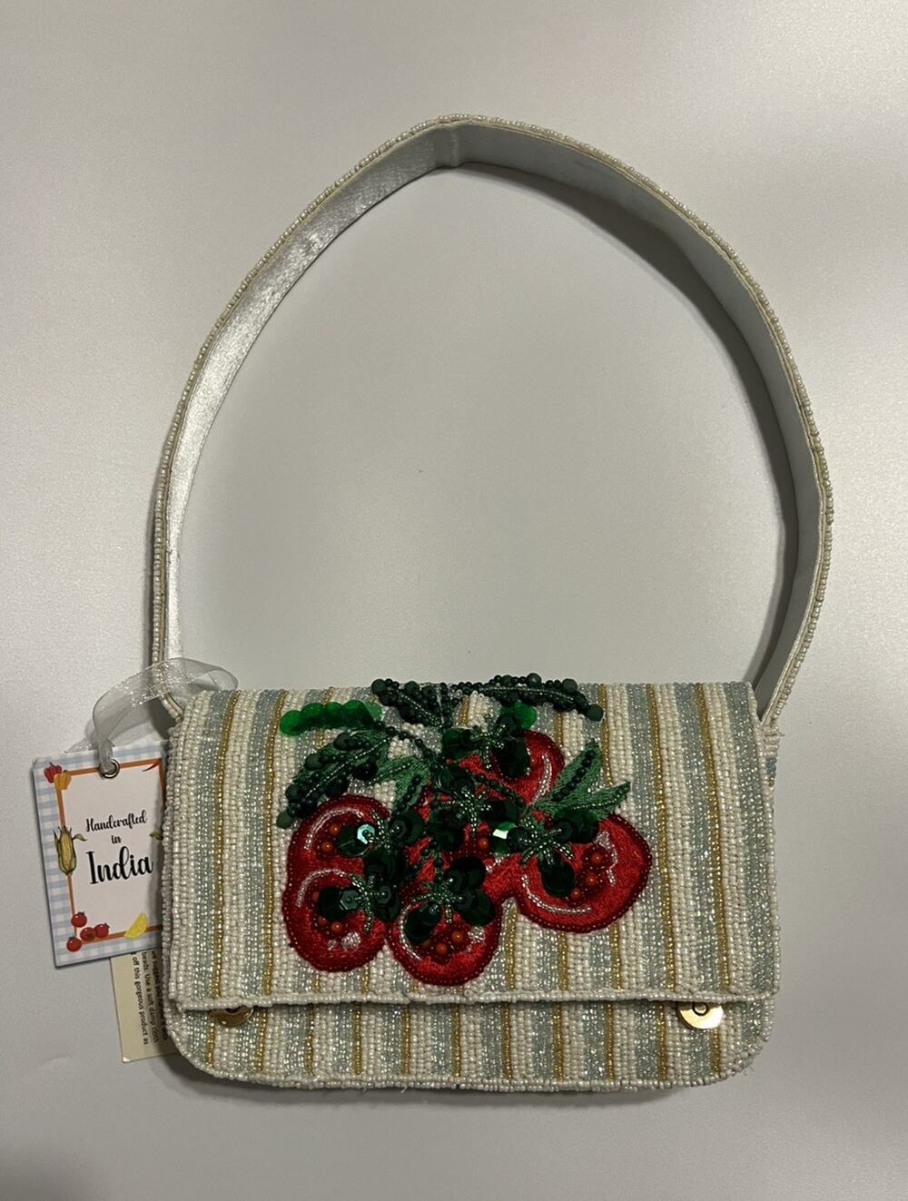 NWT Handcrafted In India Tomato Striped Beaded Shoulder Bag
